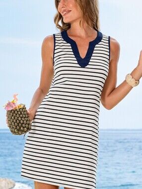 Lands' End Navy and White Striped Sleeveless Swim Cover-Up